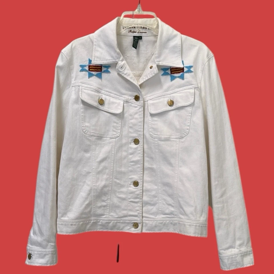Chaqueta de Jean Ralph Lauren Blanca Denim Con Cuentas Para Mujer XL Nativa del Suroeste Foto 3 de 4