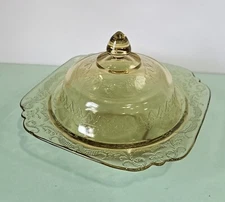 Jeanette Adam Amber Depression Glass Butter Cheese Dish with Cover Lid EUC