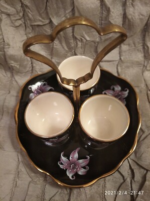 Art Deco Palissy Orchidee Eierbecher auf Tablett Frohe Ostern