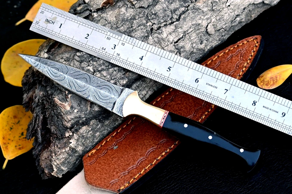 Cuchillo para botas de caza forjado a mano hoja de acero Damasco con funda de cuero EDC 871 Foto 3 de 4