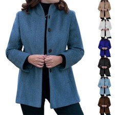 Women Winter Pea Coat Wool Blend Stand Collar Single Breast Blazer Jacket