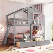 Twin Over Twin House Bunk Bed with Storage Drawers Bed Frames Bedroom Furnitures