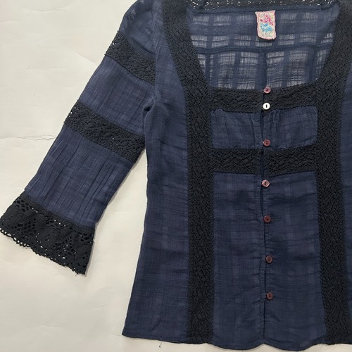 Vintage Free People Navy Blue Square neck Crochet Button Down bouse shirt boho - Picture 4 of 15