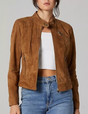 Women's Trucker Shirt Style Suede Jacket -Camel Leather Brown Motorcycle Jacket