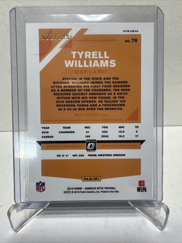 2019 Panini Donruss Optic Orange Prizm /199 Tyrell Williams #76 - Picture 2 of 2