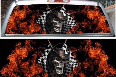 Fire flame racing skull rear window view thru graphic decal wrap