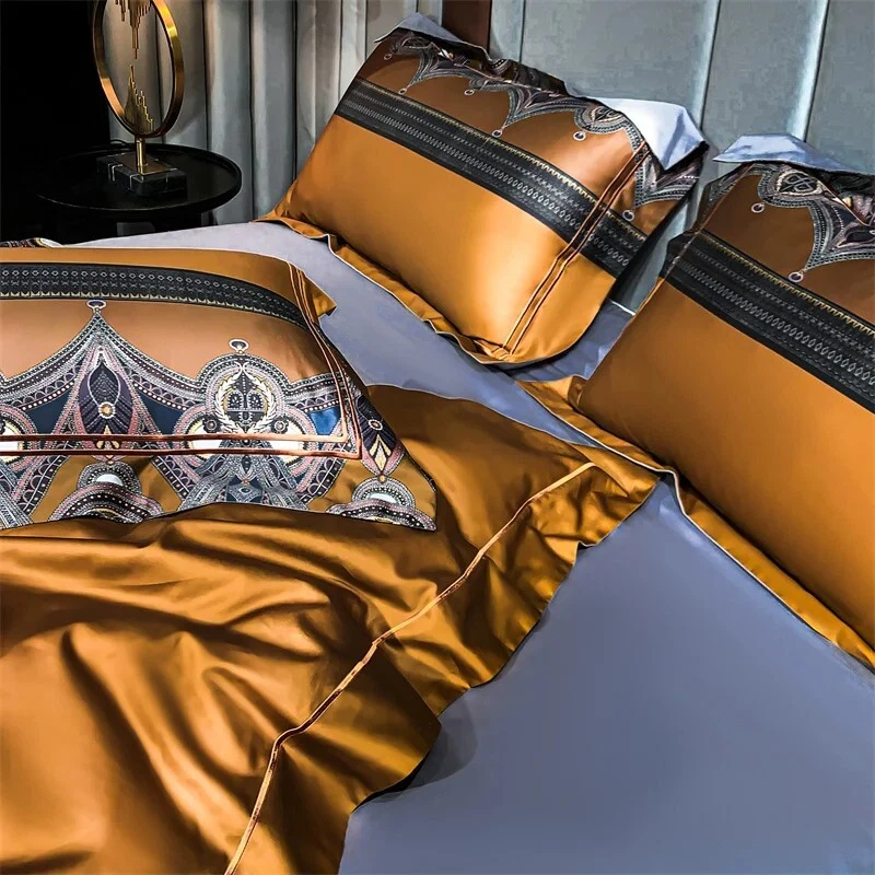 Juego de ropa de cama con funda de edredón de mezcla de seda de algodón egipcio de diseño bohemio dorado plateado Foto 3 de 4