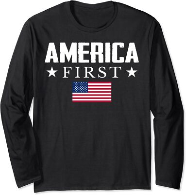 America First USA Flag Long Sleeve T-Shirt Small, Black 