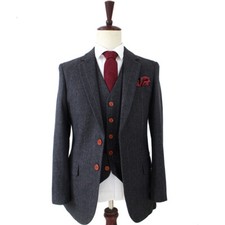 Men Wool Tweed Herringbone Vintage Check Groom Prom Tuxedo Wedding 3 Piece Suit