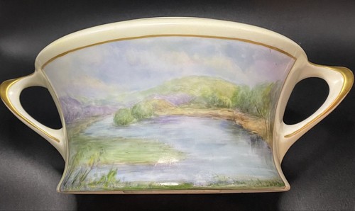 Bavaria JHR Hutschenreuther Covered Bowl Hand Painted Pastoral River Scene Gold - Picture 4 of 14