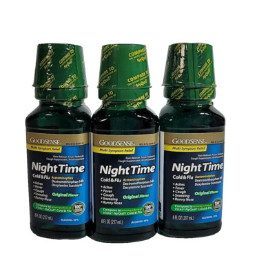 CASE OF 3 GoodSense Acetaminophen Night Time Cold & Flu Relief 8Oz Ea. EXP 11/26