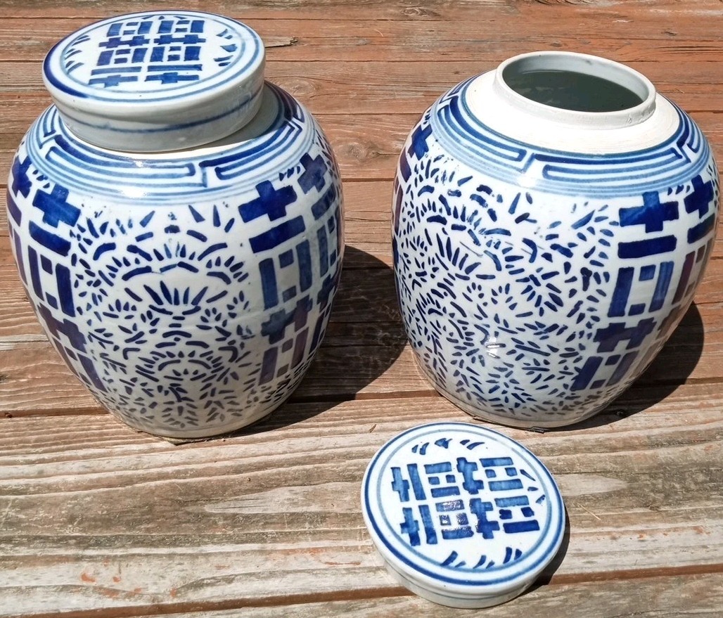 Pair 10" Chinese White Blue Old Double Happiness Ginger Jars Urns Lids Perfect