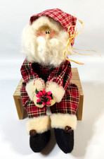 13" Country Santa Shelf Sitter Plaid Fabric Block Faux Fur Bell Handpainted Face