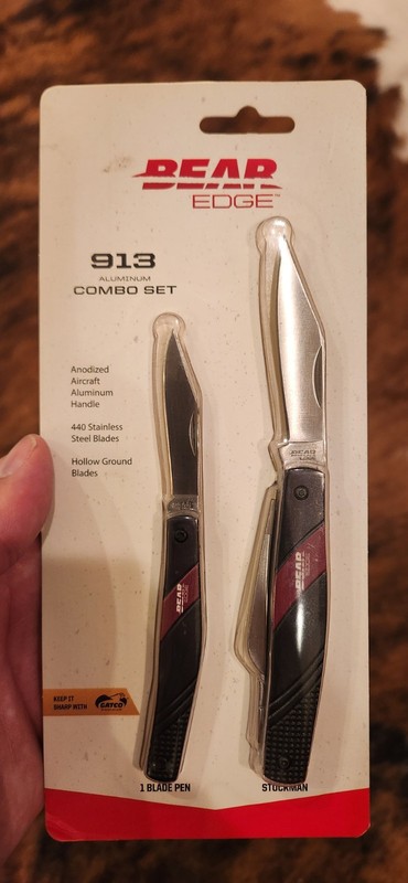 Bear Edge 913 2pc Black/Red Aluminum Folding 440 Stainless Knife Combo Set 
