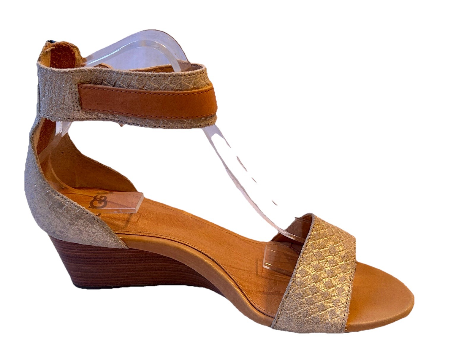 Ugg Gold Leather Open Toe Wedge Sandals With Ankle Strap 39 UK 6.5