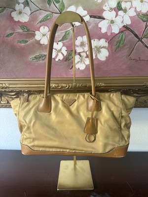 PRADA Beige Nylon Brown Leather Tote Bag Logo Zip Gold Hardware Inner Pockets