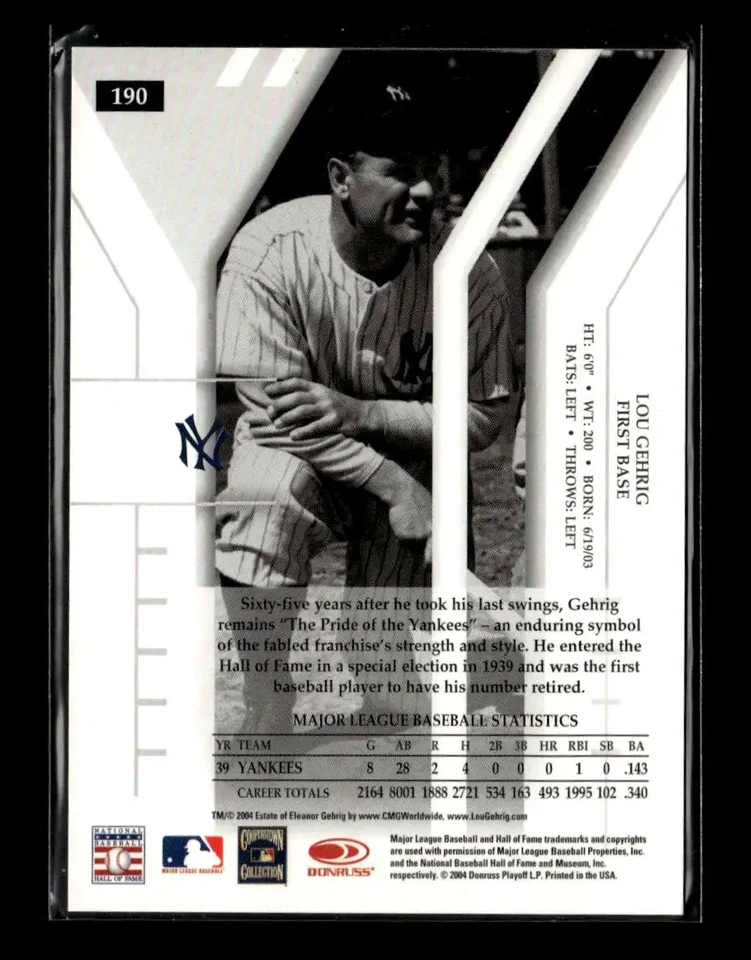 Lou Gehrig 2003 Donruss Elite Turn of the Century #190 #/250 - Image 2 of 2