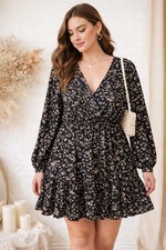 Black Floral Cottagecore Mini Dress Womens Long Sleeve V Neck Ruffle - XL