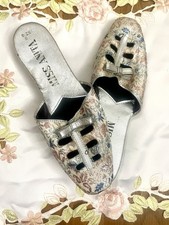Vintage Mule Heel Shoes Metallic Silver Brocade Slip On Size 8 60s 70s Slippers