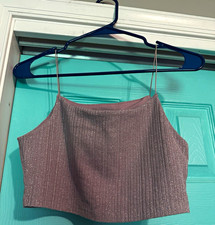 FOREVER 21 Pink Solid Glitter Knit Scoop Neck Cropped Cami Top, Size S