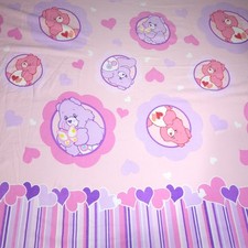 Vtg Care Bears Twin Flat bed Sheet Pink Purple Stripe Hearts Butterflies FABRIC