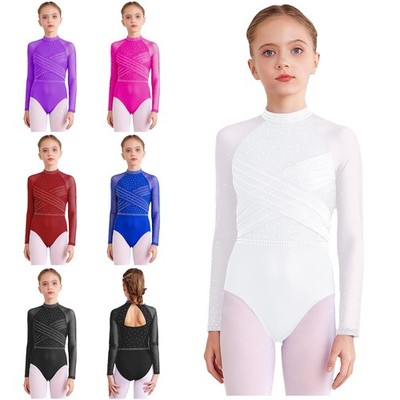 Mädchen Jumpsuit Funkelnd Body Trainieren Trikot Tanzen Tanzbekleidung Langarm