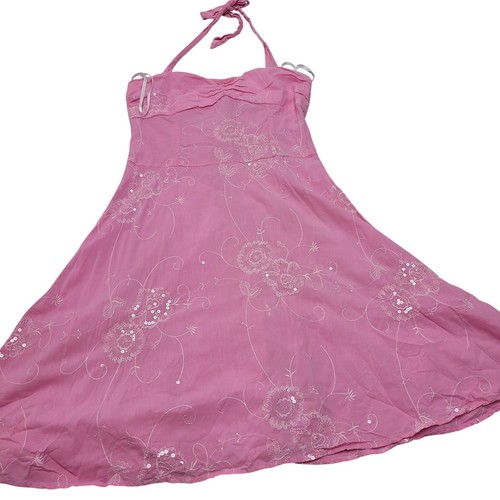 Vintage Taboo pink halter empire waist swing dress sequin barbiecore Y2k