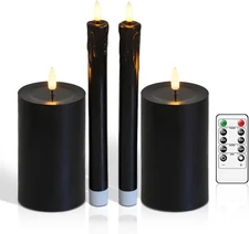 Real Wax LED Flameless Candles with Remote Timer, 4 Pcs D3"xH9.5"x4pcs, Black 
