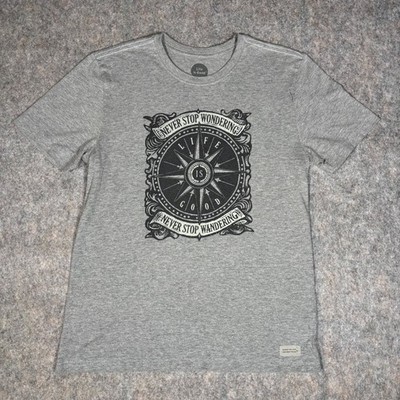 Life Is Good Crusher Tee Mens M Gray Never Stop Wondering Wandering Compass