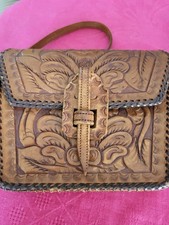 Hand Tooled Brown Leather Purse Handbag Vtg Long Strap Beautiful Minor Wear