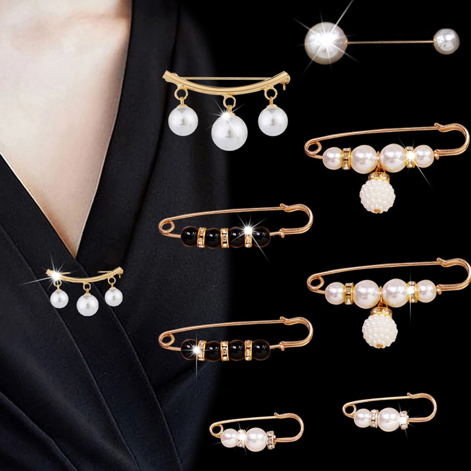Pearl Safety Pin Brooch Fashion Jewelry Brooches Set of 8 Pant Waist