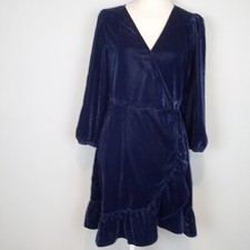 Gap Women's Navy Blue Velvet Ruffle Wrap Dress V Neck Long Sleeve Medium