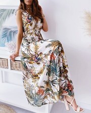 Women's Sleeveless V Neck Boho Floral Maxi Dress Summer Beach Backless Sundress