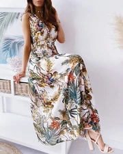 Women's Sleeveless V Neck Boho Floral Maxi Dress Summer Beach Backless Sundress
