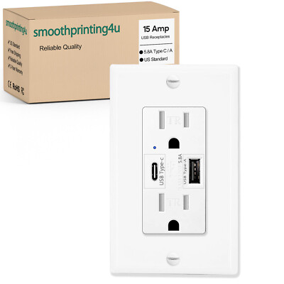 USB Wall Outlet Receptacle 5.8A Type C & Type A Port Tamper-Resistant UL Listed