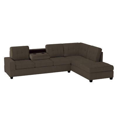 BROWN REVERSIBLE CHAISE SOFA SECTIONAL & DROP DOWN TABLE LIVING ROOM FURNITURE