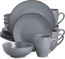 16/32/48 Pc Dinner Set Stoneware Crockery Deep Dining Plates Soup Bowl Mug Grey