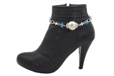 Women Metal Silver Boot Chain Bracelet Shoe Ball Charm Blue Beads Playfull Look
