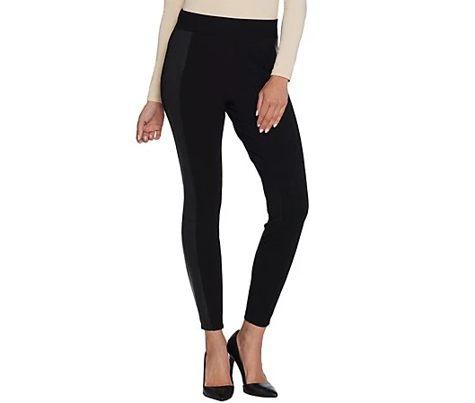 H by Halston Petite Ponte Leggings with Faux Leather Details-Black-Petite 2