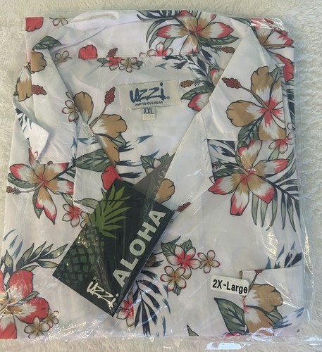 ALOHA by UZZI Men's Hawaiian 2XL White Shirt- collared-button up- NEW - Picture 1 of 7