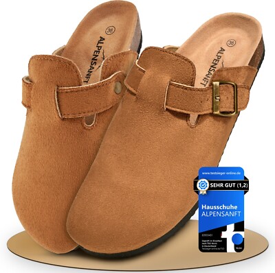 Clog Hausschuh Damen Herren 36-45 Kunstleder+Riemen, Kork, Innensohle Echtleder