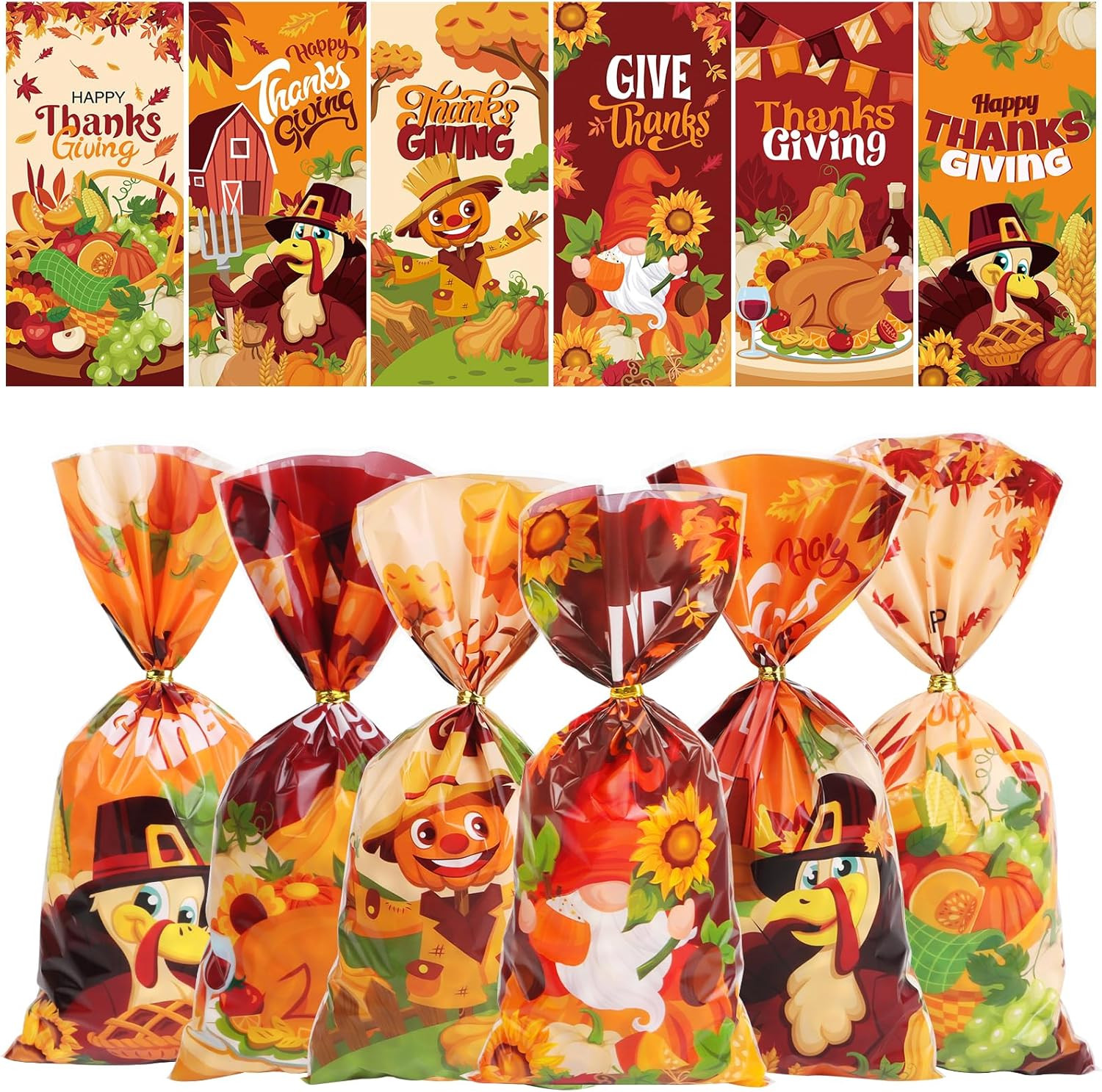 180 Pcs Thanksgiving Ceollophane Treat Bags, Fall Candy Bags Plastic Goodie Snac