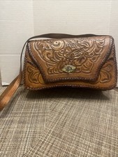 Vintage Tooled Leather Handbag Purse Flap Mirror Brown Floral Western Mexico