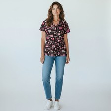 SB Scrubs Womens Scrub Top Size Small V-Neck Love Heart Valentine Black Pink Red