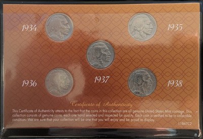 RARE 1934-1938 Buffalo Head Nickel Set - 5 Year Run w/ COA & History Display