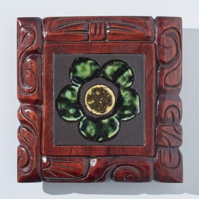 Vintage Carved Wood Trivet Green Floral Tile Boho Rustic Decor