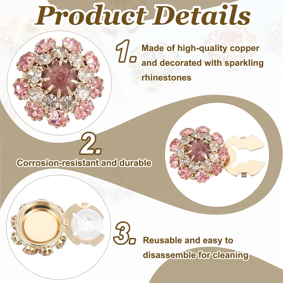 1 Juego de Fundas de Botones con Estrás, Botones de Camisa Desmontables, Rosa/Dorado Foto 3 de 4