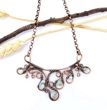 Abstract Wire Wrapped Necklace Handmade Bohemian Copper Natural Stone Flowing