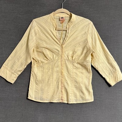Vintage Faded Glory Top S Yellow Seersucker Button Up 90s y2k Stretch Lace