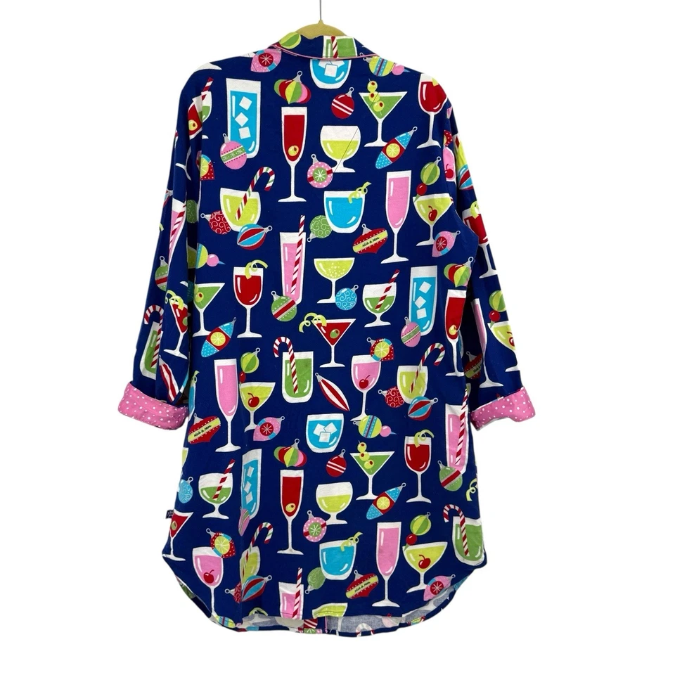 Nick and Nora 夜间衬衫礼服 XL 蓝色圣诞马提尼法兰绒口袋 — 第 3/4 张图片